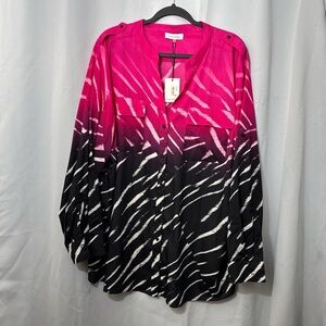 Calvin Klein Blouse Womens  Pink Black Roll Tab Long Sleeve Shirt Top 2X Zebra